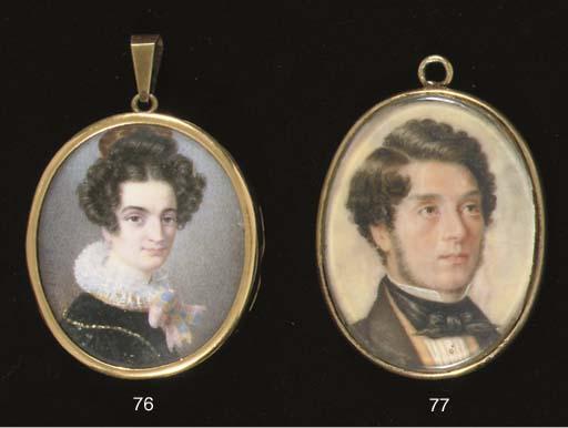 Jean Joseph Bilfeldt - A young lady in black dress with frilled collar tied with a pink ribbon, a comb in her dressed hair