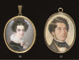 Jean Joseph Bilfeldt - A young lady in black dress with frilled collar tied with a pink ribbon, a comb in her dressed hair