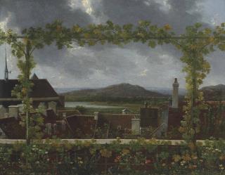 Jean-Joseph-Xavier Bidauld - A Grapevine On A Flowering Trellis Framing A Town In An Extensive River Landscape, Possibly Near Lake Geneva
