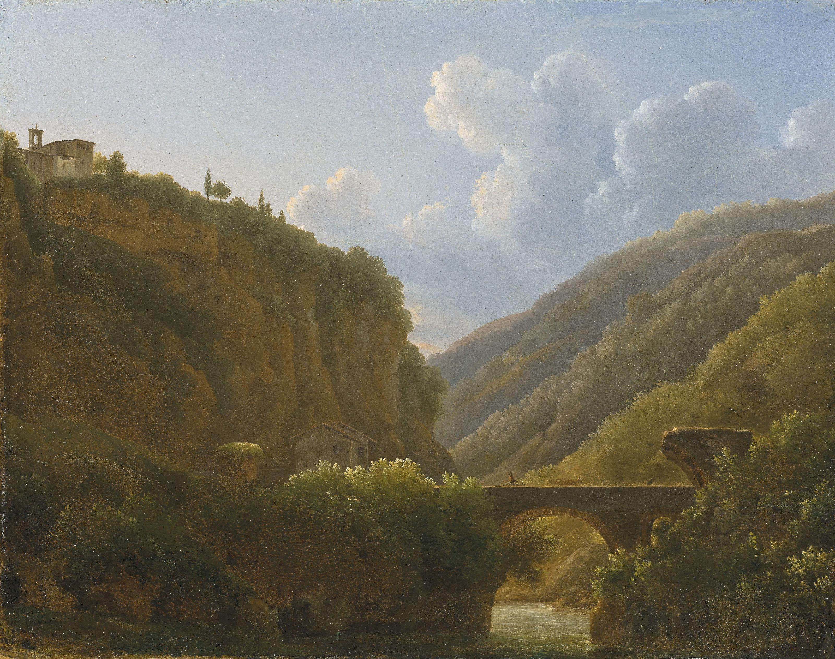 Jean-Joseph-Xavier Bidauld - A mountainous river landscape with the Monastery of San Cosimato, to the north of Rome