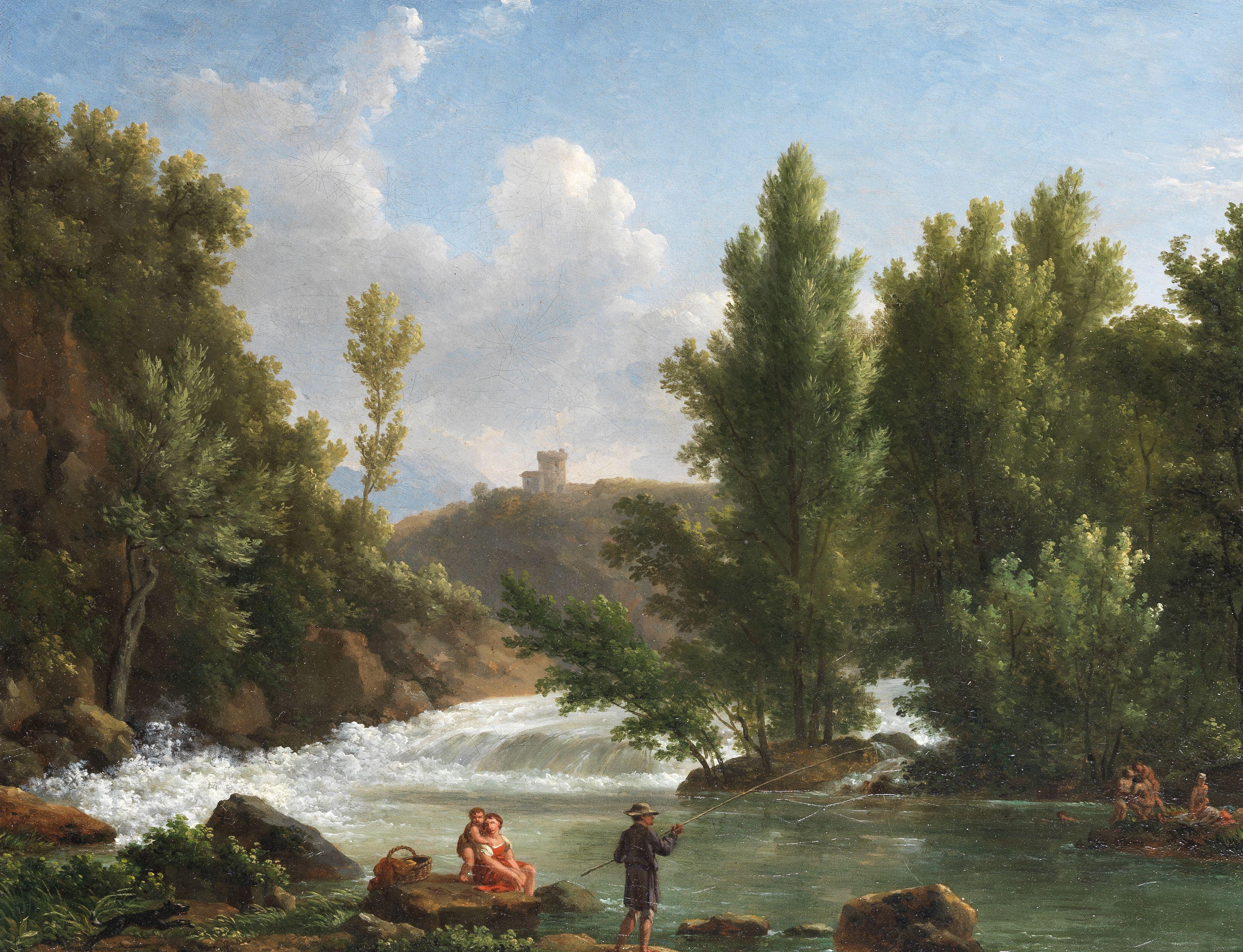 Jean Joseph Xavier Bidauld - A River Landscape With Figures Fishing And Bathing