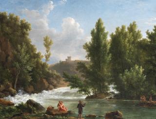 Jean Joseph Xavier Bidauld - A River Landscape With Figures Fishing And Bathing