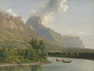 Jean-Joseph-Xavier Bidauld - An Alpine Landscape With Figures Bathing And Fishermen In Their Boats Nearby