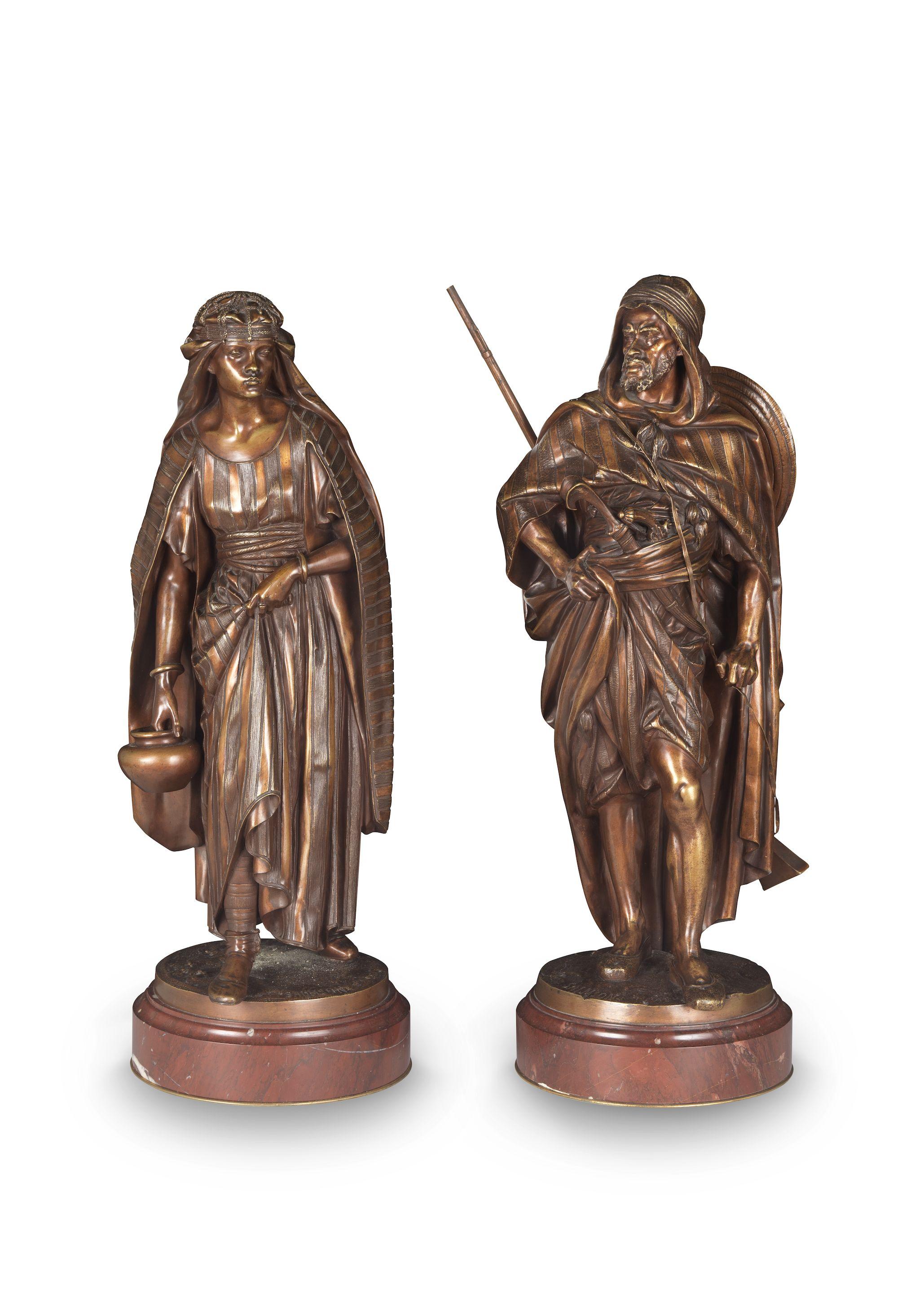 Jean Jules Salmson - A pair of patinated bronze figures of \'Le Guerrier Arabe\' and \'La Porteuse\'