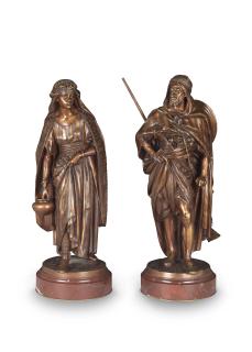 Jean Jules Salmson - A pair of patinated bronze figures of \'Le Guerrier Arabe\' and \'La Porteuse\'