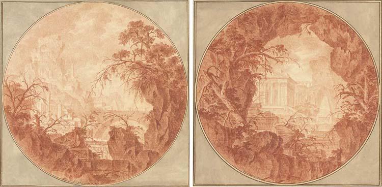 Jean-Laurent Le Geay - Un Paysage Avec Une Ville En Ruine Sur Un Rocher, Un Pont Sur la Droite, Des Arbres Poussant Sur Des Rochers Au Premier Plan; Et Un Temple Avec Un Obélisque Tronqué Et Un Aqueduc Vu D\'Une Caverne, Des Branches Au Premier Plan