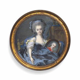 Jean-Laurent Mosnier - A Young Lady, Seated And Holding An Oval Portrait Of A Gentleman In Red Coat, Wearing A Blue Dress And A Lace-Trimmed Chemise, With Piled And Powdered Hair; Seated On A Blue Upholstered Gilt Chair; Interior Background