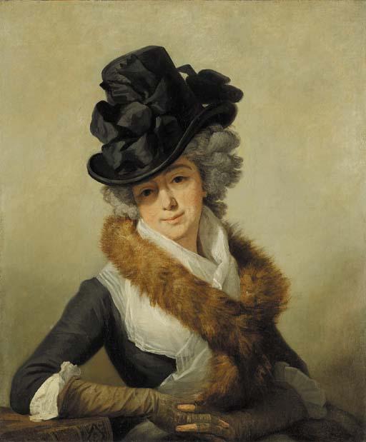 Jean-Laurent Mosnier - Portrait of Marquise d\'Aramon, seated half-length, in a grey dress with a white collar, a fur stole and a black hat, her right arm resting on a book