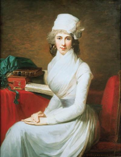 Jean-Laurent Mosnier - Portrait of Mrs. Henry Pelham, seated three-quarter-length, in a white dress and a white hat, before a table with books