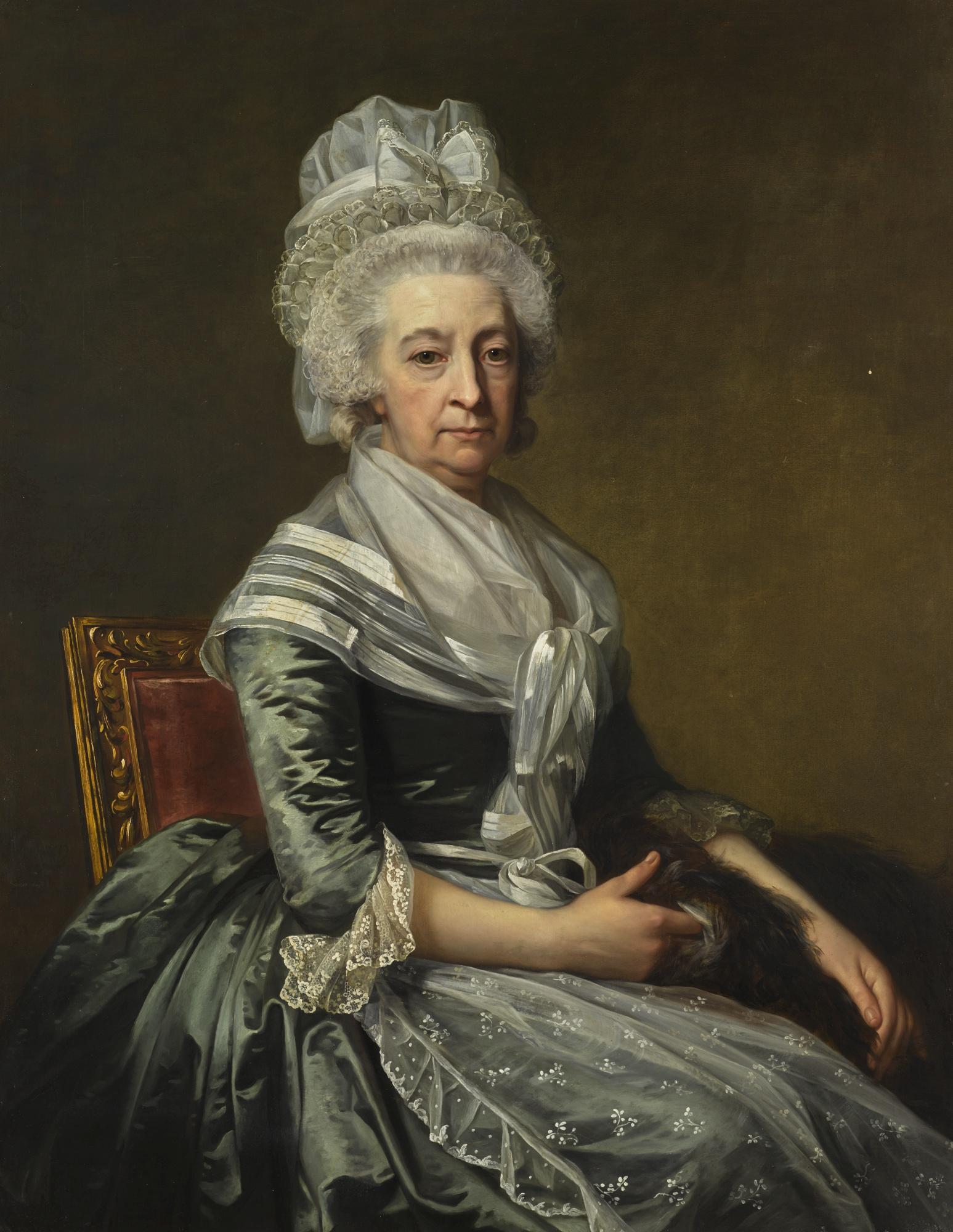 Jean Laurent Mosnier - Portrait Of Mrs John Drummond, Seated Three-Quarter Length, Wearing A Blue Dress, White Lace Apron And Cap