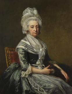 Jean Laurent Mosnier - Portrait Of Mrs John Drummond, Seated Three-Quarter Length, Wearing A Blue Dress, White Lace Apron And Cap