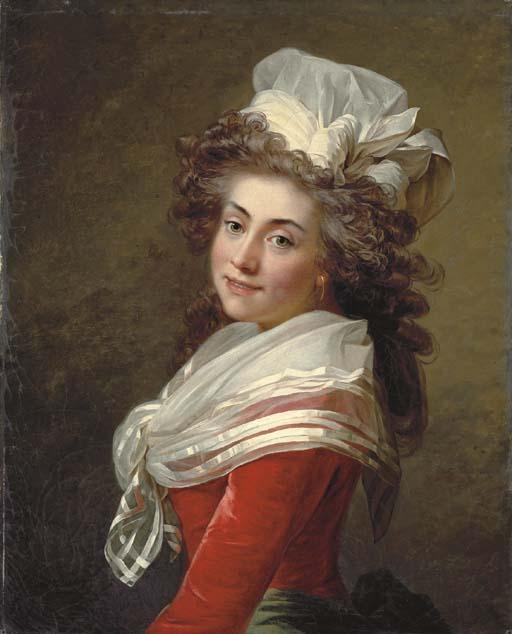 Jean-Laurent Mosnier - Portrait of the marquise de Grécourt, née de la Fresnaye, in a red velvet dress with a white chiffon scarf