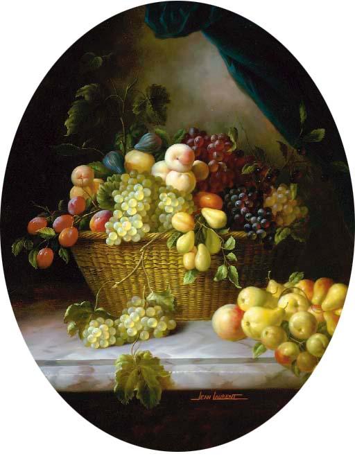 Jean Laurent - Grapes, Peaches, Pears And Other Fruit In A Wicker Basket On A Marble Ledge