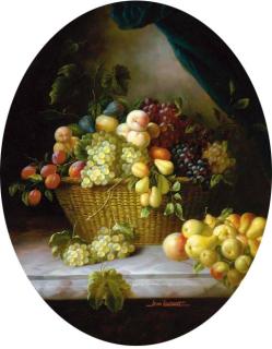 Jean Laurent - Grapes, Peaches, Pears And Other Fruit In A Wicker Basket On A Marble Ledge