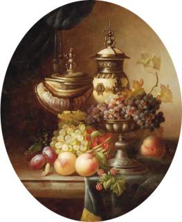 Jean Laurent - Grapes, peaches, plums and other fruit with urns on a ledge