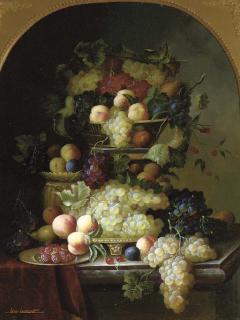Jean Laurent - Grapes, Peaches, Plums Raspberries And Cherries Arranged On A Marble Ledge