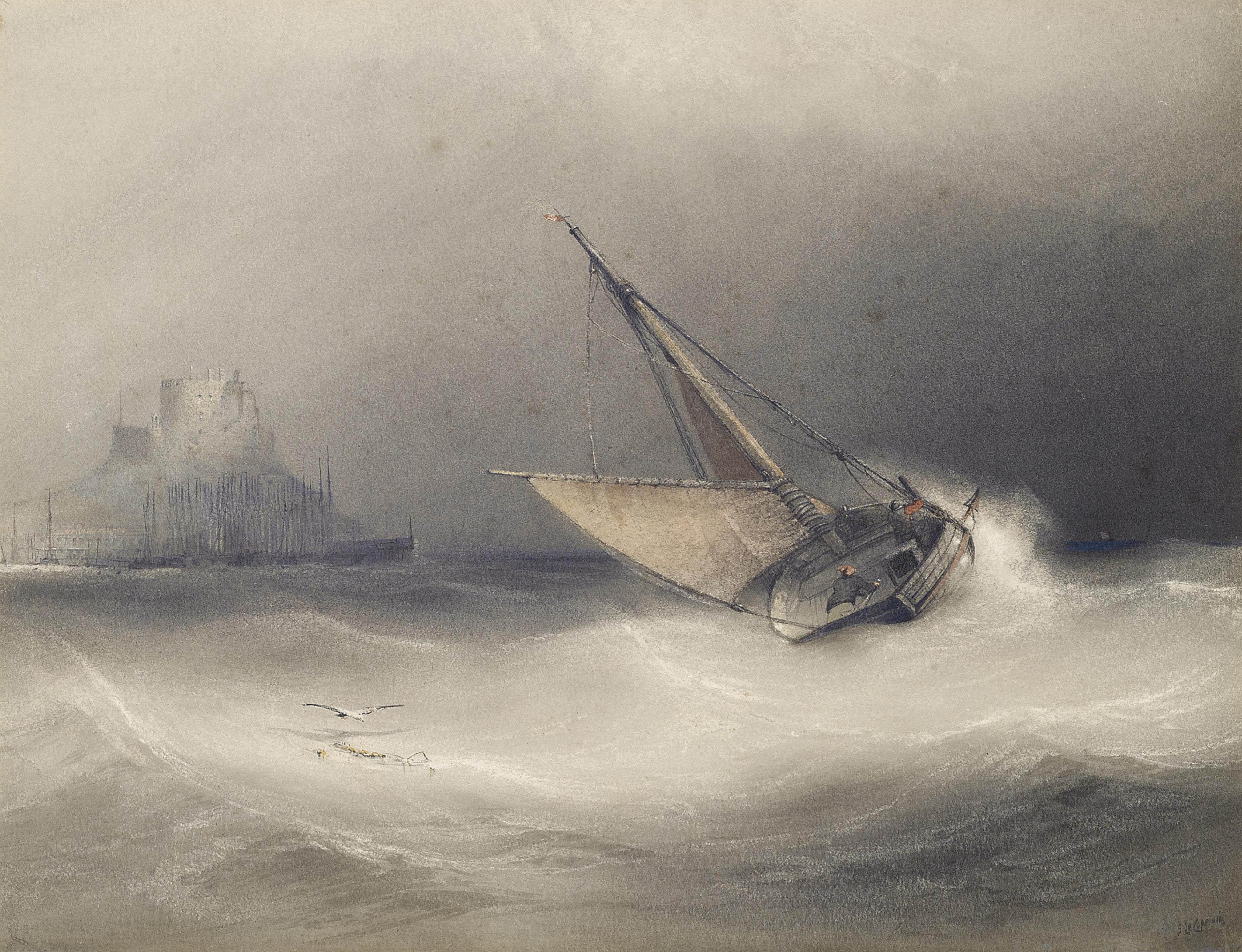 Jean Le Capelain - A fishing boat heeling in the breeze off Mount Orgeuil Castle, Jersey (illustrated); and Shipping in a stiff breeze off Jersey