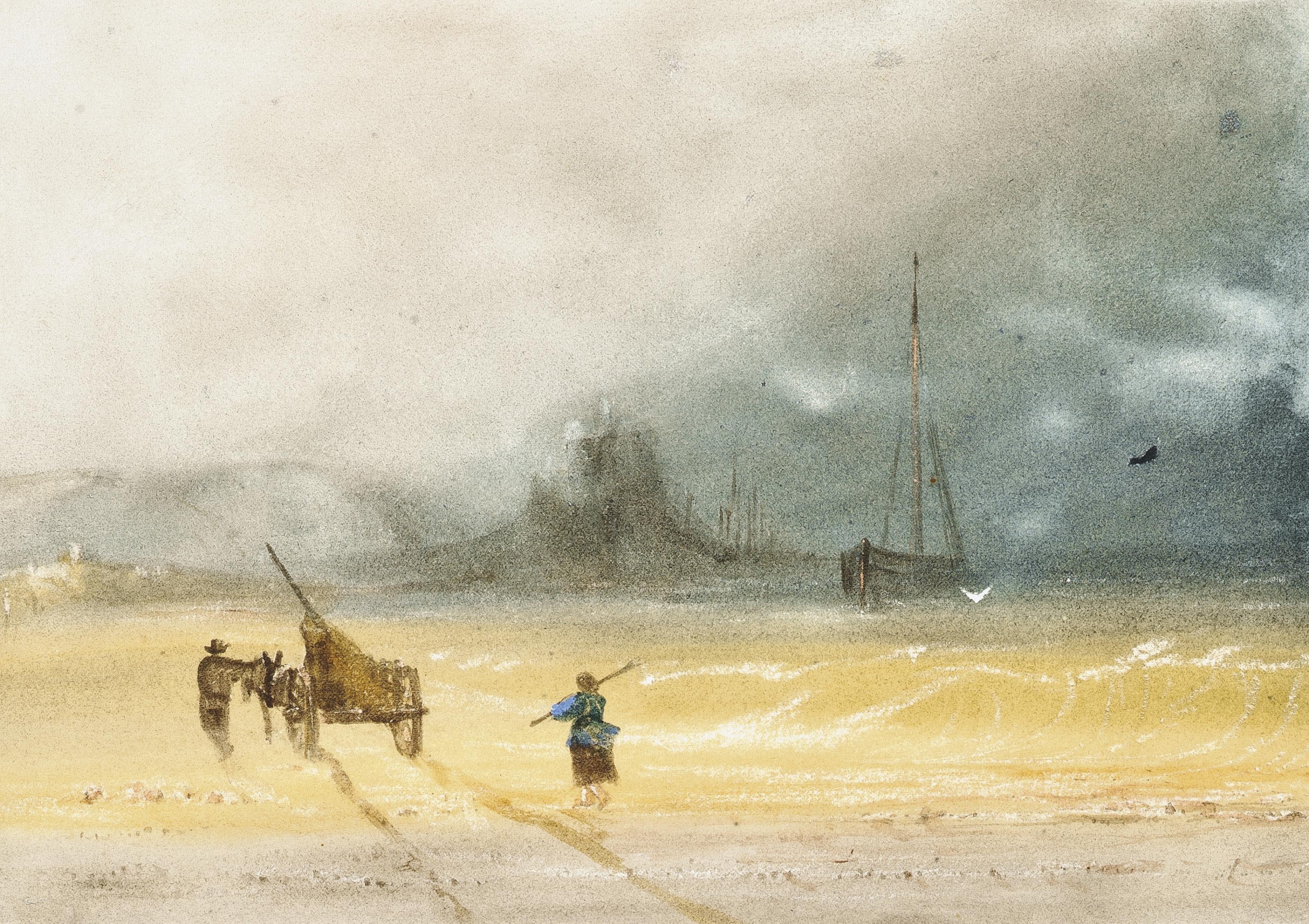 Jean Le Capelain - Seaweed gatherers on the beach before Gorey Castle, Jersey