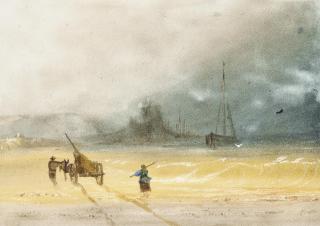 Jean Le Capelain - Seaweed gatherers on the beach before Gorey Castle, Jersey