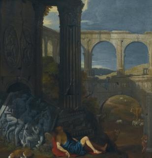 Jean Lemaire - An Architectural Capriccio With Ancient Ruins, A Triumphal Arch And An Haut-Relief Sculpture, With The Story Of Mercury And Argus