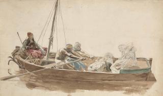 Jean-Léon Gérôme - Prisonnier Allongé Dans Une Barque Avec Un Musicien, Deux Rameurs Et Un Oriental