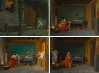 Jean-Léon Gérôme - The Story of Anacreon (Four Works): Cupid at the Door in a Rainstorm; Young Love\'s Shivering Limbs the Embers Warm; Cupid Runs out the Door; The Poet Dreams of Cupid by the Fire