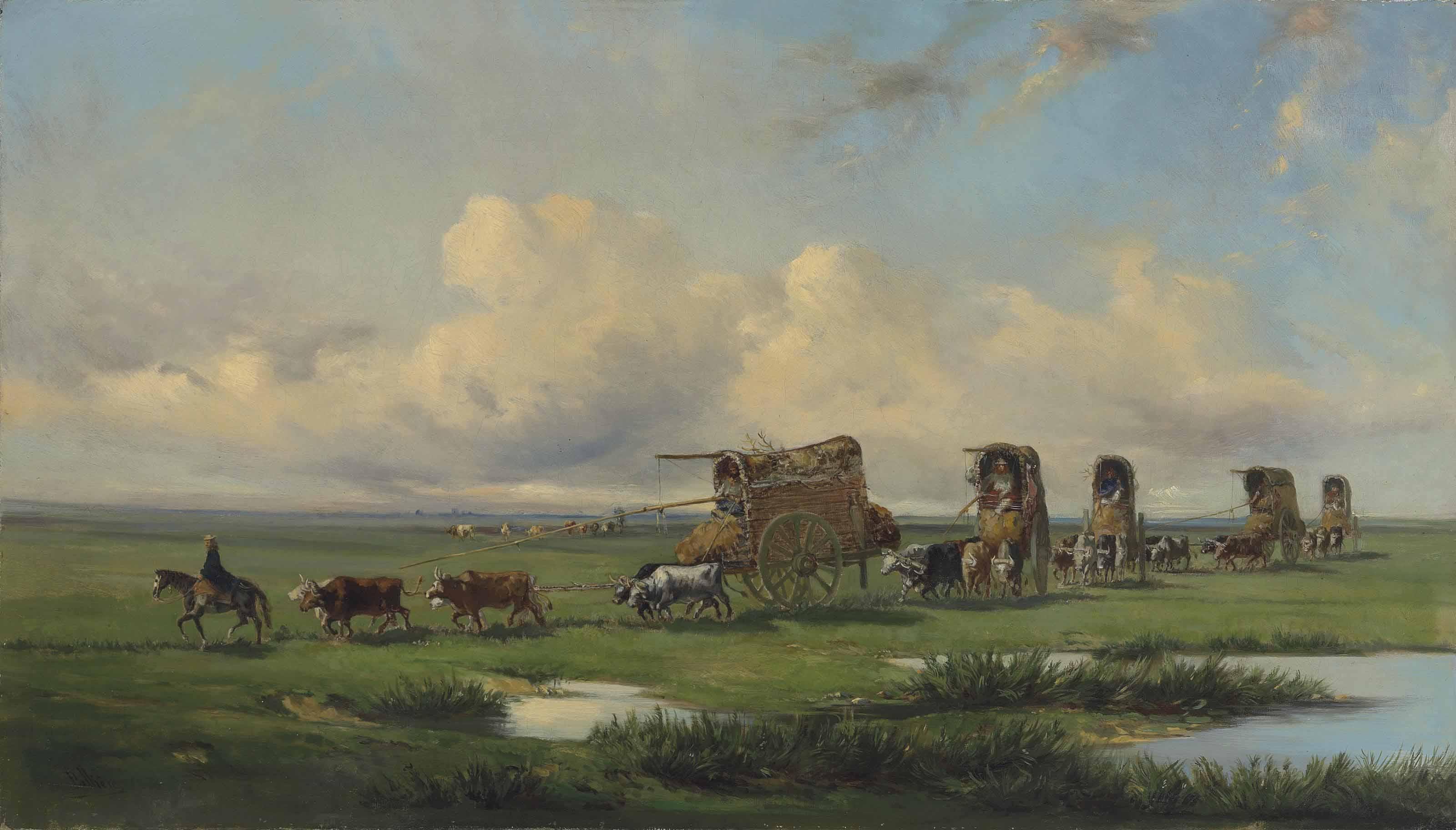 Jean Leon Pallière - A caravan of gauchos and their wagons crossing the Pampas, Argentina