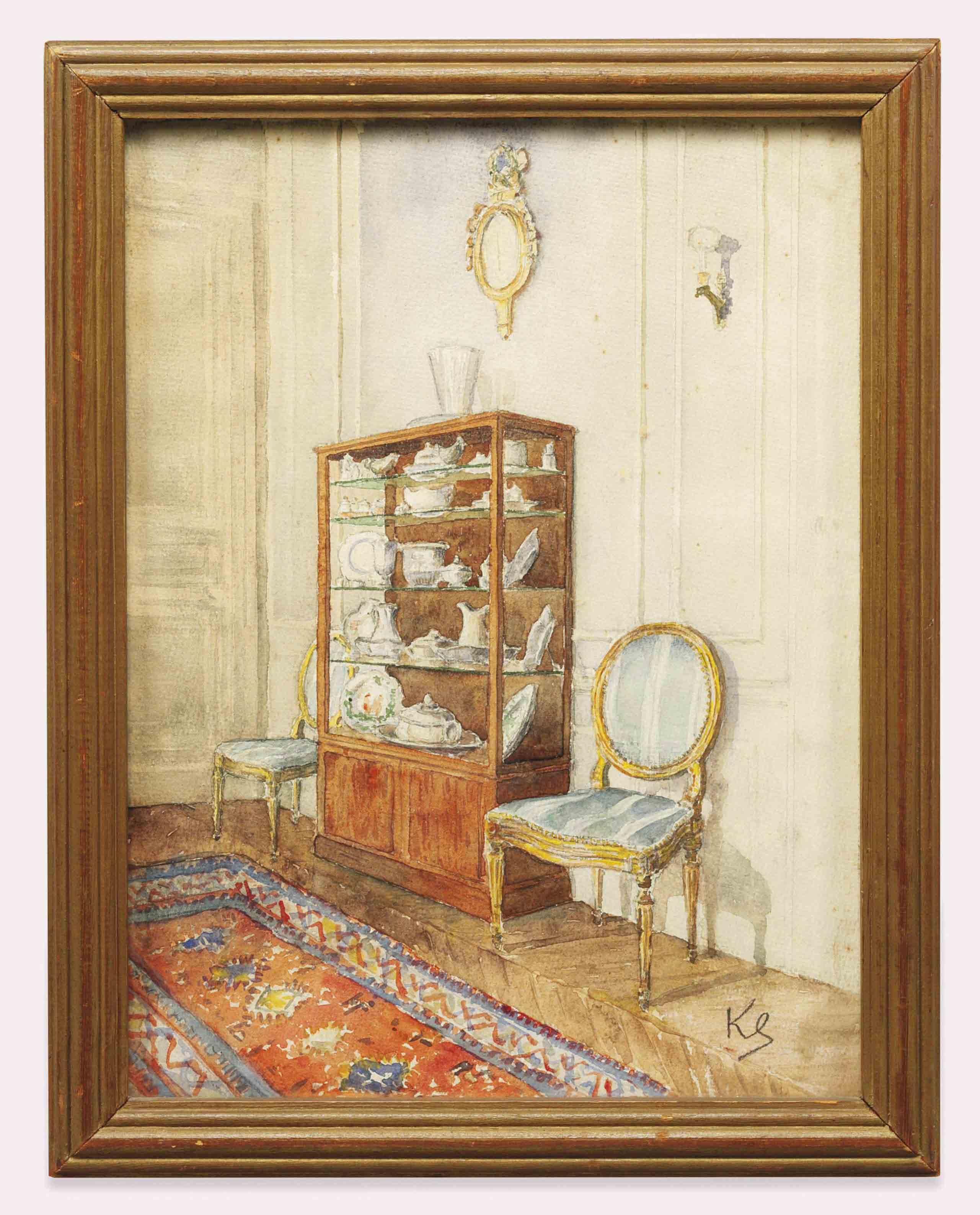 Jean Leonard Koechlin-Schwarz - An interior with ceramics in a vitrine