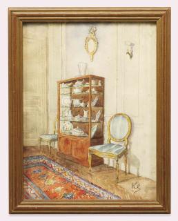 Jean Leonard Koechlin-Schwarz - An interior with ceramics in a vitrine