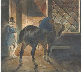 Jean-Louis-André-Théodore Gericault - A cart-horse and a postilion at the door of a forge