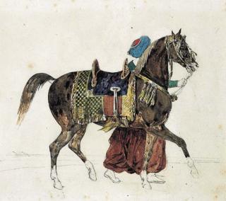 Jean-Louis-André-Théodore Gericault - A harnessed horse led by a mameluk, two pyramids in the background