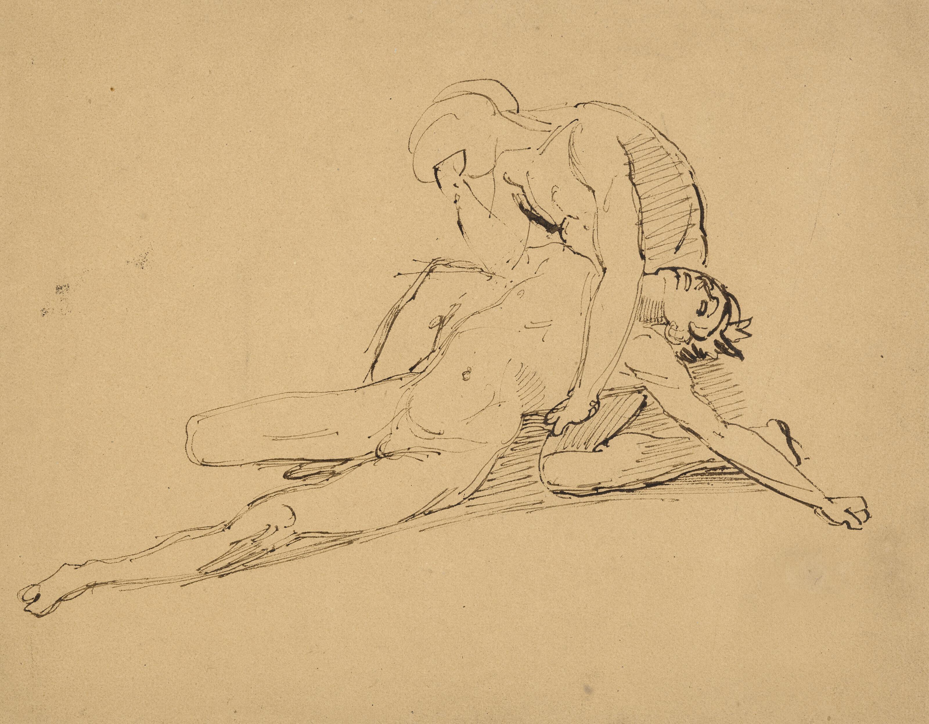 Jean-Louis-André-Théodore Gericault - A nude man mourning the death of another (recto); and figure studies (verso)
