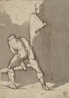 Jean-Louis-André-Théodore Géricault - Homme levant une poutre, une figure drapée à l\'arrière-plan (recto); Essai de couleur (verso)