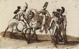 Jean-Louis-André-Théodore Géricault - Horsemen talking to dismounted officers (recto); Three officers in conversation and studies of a cavalry skirmish (verso)