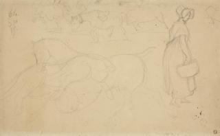 Jean-Louis-André-Théodore Géricault - Studies of horses, with a subsidiary study of a woman with a basket