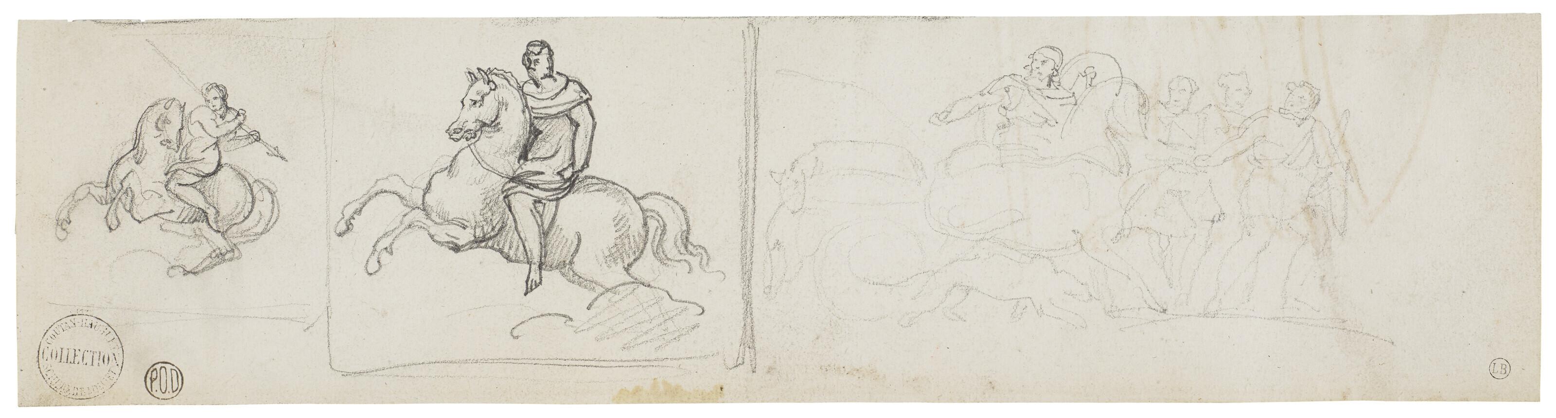 Jean-Louis-André-Théodore Gericault - Studies of soldiers on horseback (recto); Studies of a head, a leg, and the feet of a standing warrior holding a shield (verso)