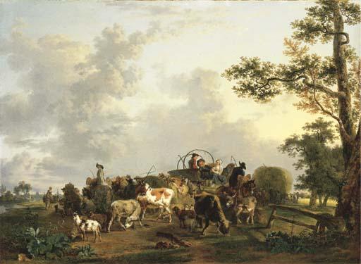 Jean-Louis Demarne - A pastoral landscape with peasants and livestock with wagons and a haywain during the harvest, a town beyond