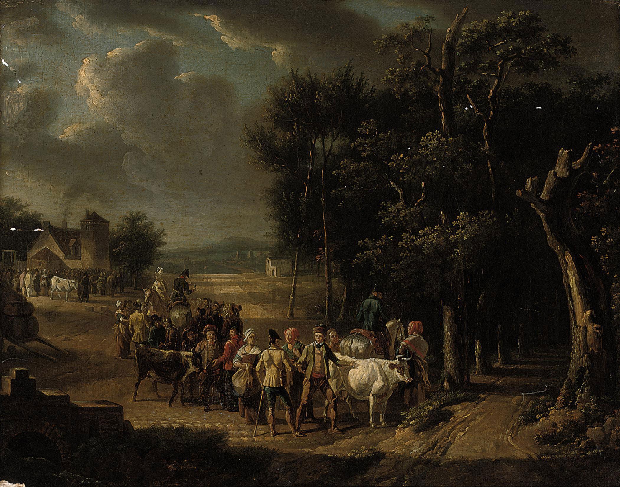 Jean-Louis Demarne - A wooded landscape with officers on horseback, cattle, and figures conversing on a track