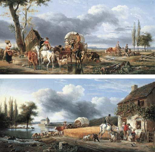 Jean-Louis Demarne - Travelling peasants with their cattle and sheep in a landscape; and Figures with animals outside an inn beside a wheat field