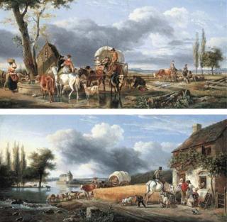 Jean-Louis Demarne - Travelling peasants with their cattle and sheep in a landscape; and Figures with animals outside an inn beside a wheat field
