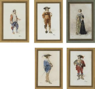 Jean-Louis-Ernest Meissonier - Five studies of theater costumes; and A woman weaving