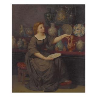 Jean-Louis Hamon - A Lady Seated Admiring A Vase