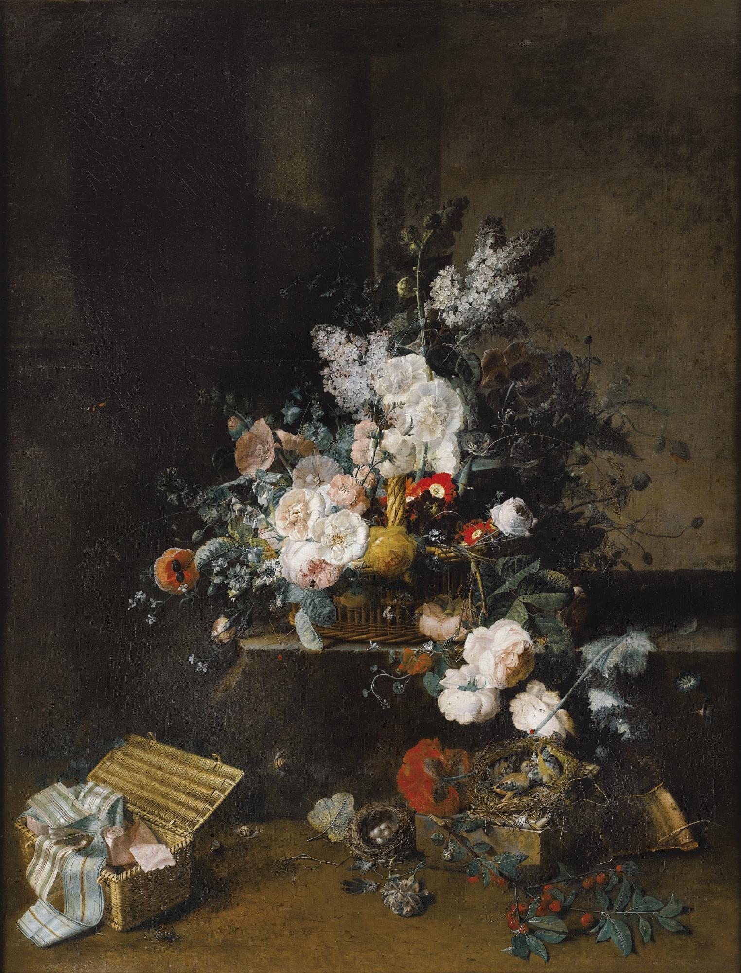 Jean-Louis Prévost - Nature Morte Au Panier De Fleurs Et À La Boîte À Rubansjean-Louis Prévost, Called Le Jeune ; Still Life With Basket Of Flowers And Ribbons Box ; Signed And Dated Lower Centre ; Oil On Canvas
