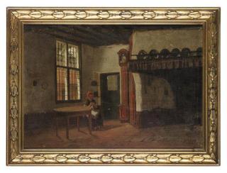 Jean Louis van Kuyck - A lady sewing in an interior