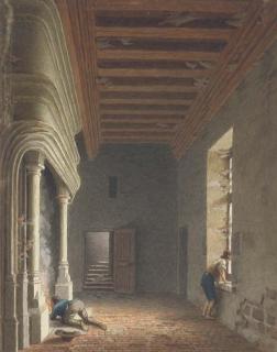 Jean-Lubin Vauzelle - Un homme soufflant sur un feu dans une cheminée monumentale, un homme à une fenêtre