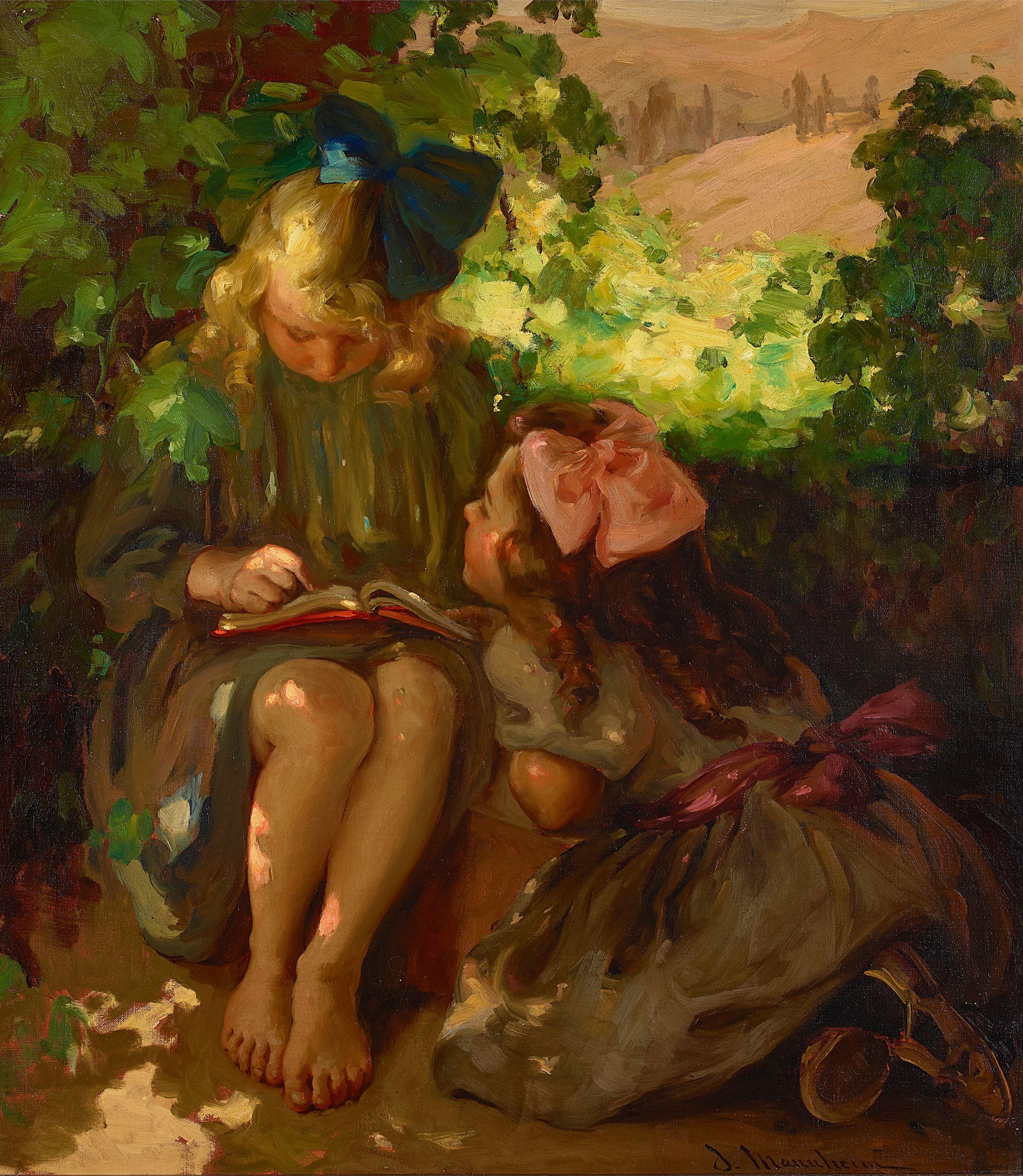 Jean Mannheim - The Fairy Tale (Jeanne and Eunie Mannheim Reading in the Garden) 39 x 34 in. framed 51 x 46 1/2 in.