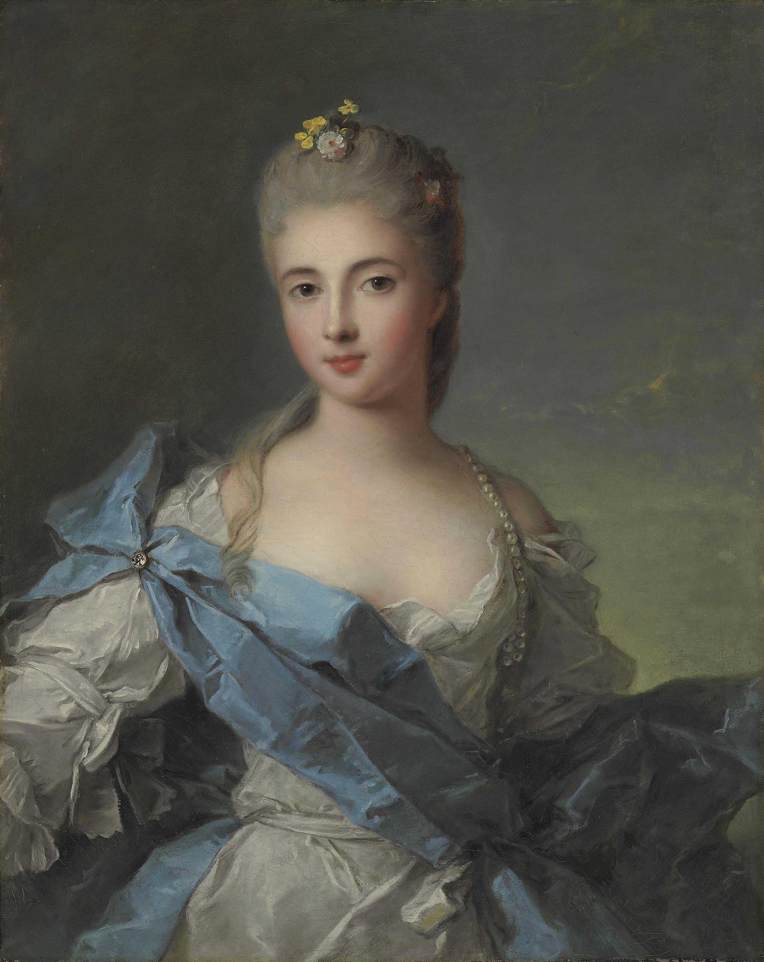 Jean-Marc Nattier - Portrait Of A Lady, Previously Identified As The Duchesse De La Rochefoucauld, Half-Length, In A Blue And White Satin Dress