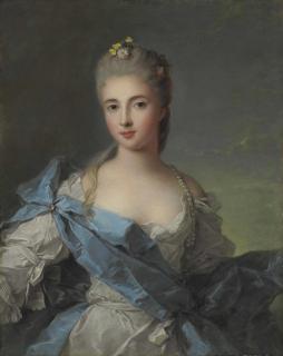 Jean-Marc Nattier - Portrait Of A Lady, Previously Identified As The Duchesse De La Rochefoucauld, Half-Length, In A Blue And White Satin Dress