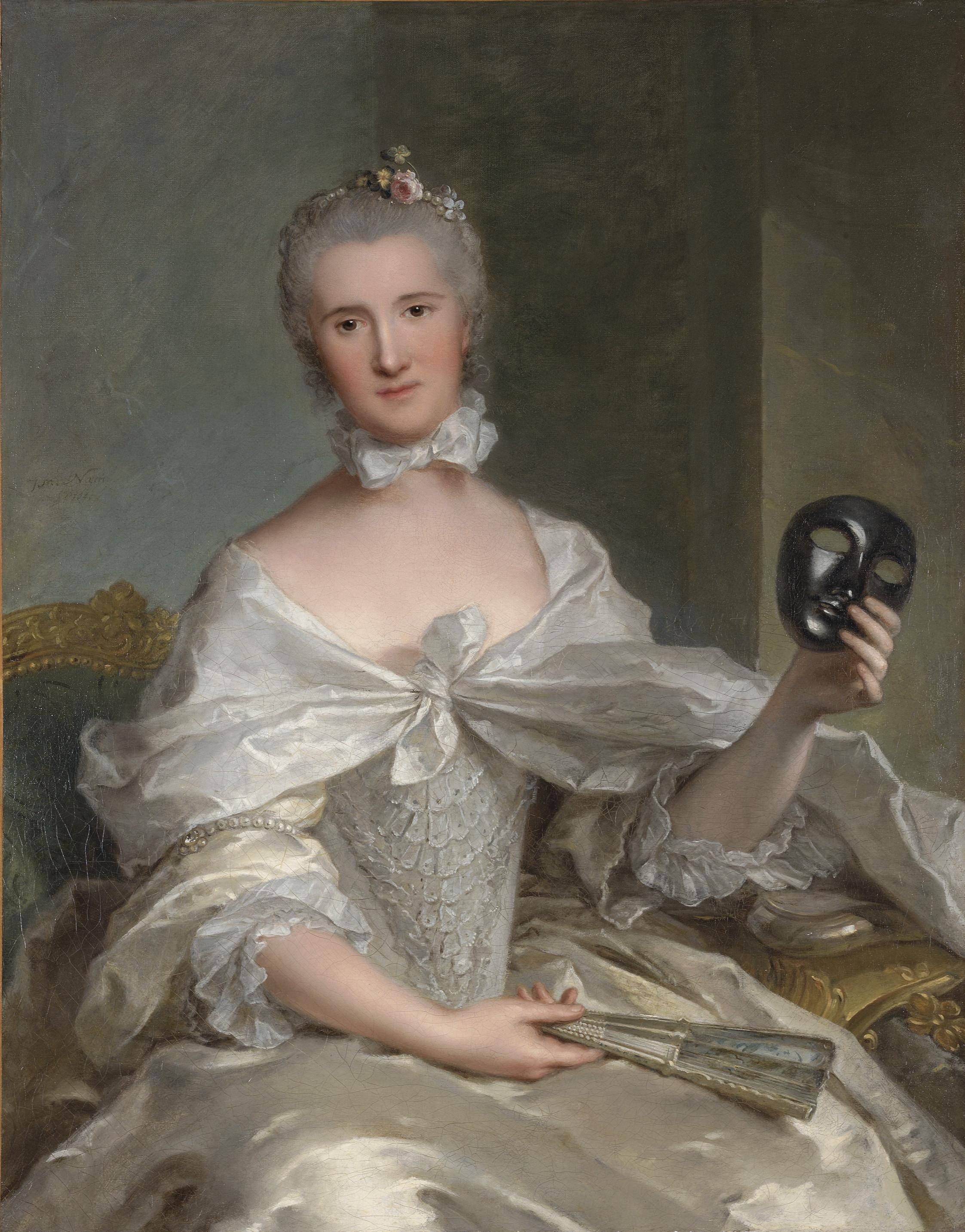 Jean-Marc Nattier - Portrait of a lady, thought to be Madame de Sêrent, seated, three-quarter-length, in a silver-embroidered silk dress, a fan in her right hand, a mask in her left