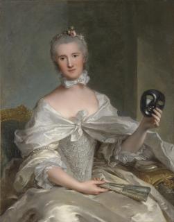 Jean-Marc Nattier - Portrait of a lady, thought to be Madame de Sêrent, seated, three-quarter-length, in a silver-embroidered silk dress, a fan in her right hand, a mask in her left